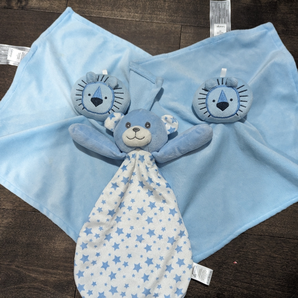 3 Pack, Blue Baby Security Blanket Loveys with Lion and Bear Designs